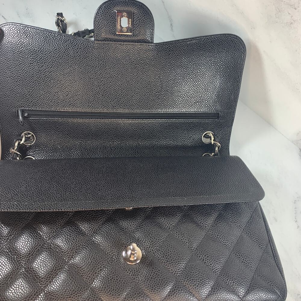 Chanel Caviar Jumbo Double Flap Bag Classic Quilted Leather Black CC Silver - Picture 12 of 16